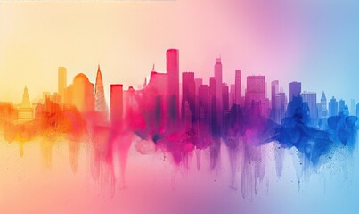 Fototapeta premium Colorful Urban Dream: City Skyline in Gradient Watercolor Splashes