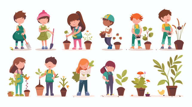 Collection of gardening kids flat vector isolated on white
