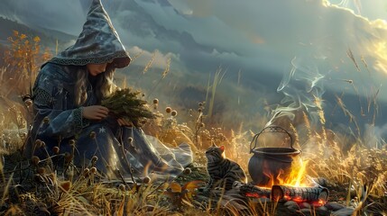 Surrounded by majestic mountains, witches and healers gathered in a green clearing, where their presence with a bonfire creates an atmosphere of mysticism and mystery. 