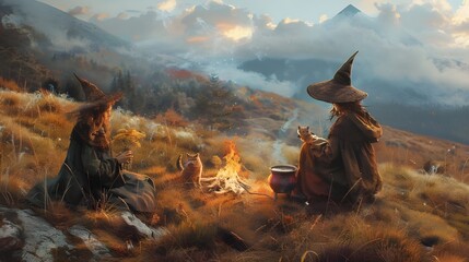  In a pastoral clearing in the mountains, witches and healers settled down, engaged in their rituals and magical rituals around a campfire. Under the moonlight and stars, their silhouettes acquire mys - obrazy, fototapety, plakaty