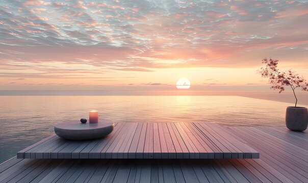 The image depicts a serene and tranquil scene with a wooden deck overlooking a calm ocean during sunset.