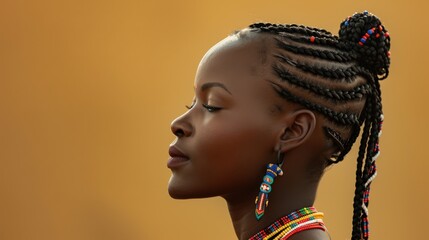 Profile portrait of a young African woman with intricate braids, wearing colorful beads, against a simple, earth-toned background, soft side lighting to accentuate her features