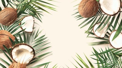 Fototapeta na wymiar Top view of coconuts and green palm leaves on a textured white background, perfect for food, wellness, and tropical themes.