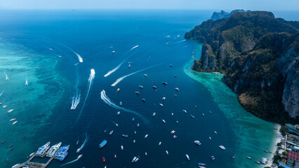 Aerial view boats on Phi Phi island Thailand, Tropical island with resorts,  Phi Phi island, Krabi Province, Thailand