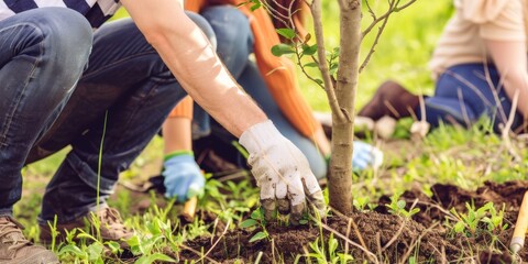 Fototapeta na wymiar Volunteers planting trees in a community effort, depicting environmental conservation and teamwork.