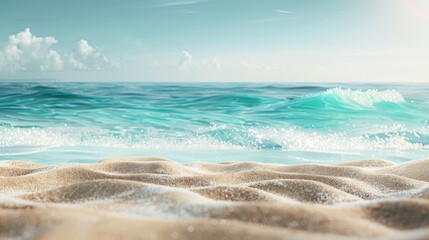An idyllic summer backdrop, where the shimmering aqua ocean meets the smooth beige sands, suitable for vacation-themed stock photography with space for text. - obrazy, fototapety, plakaty