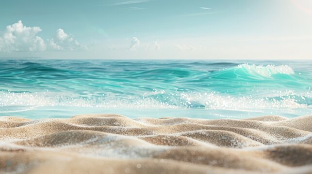 An idyllic summer backdrop, where the shimmering aqua ocean meets the smooth beige sands, suitable for vacation-themed stock photography with space for text.