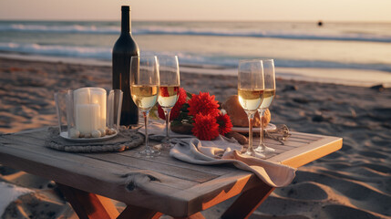 A 4K HDR beach picnic setup with a gourmet spread, champagne, and a romantic setting for two by the water.
