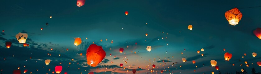 LED balloon release, ecofriendly, Earth Day night celebration, glowing balloons against dark sky - obrazy, fototapety, plakaty