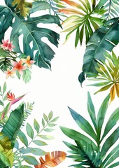 frame of tropical leaves watercolor