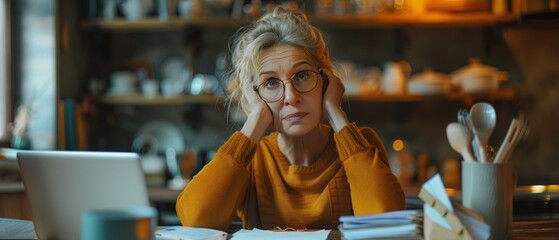 Confused sad angry puzzled mature woman having financial debts issues problems, calculating domestic bills, paying losing money at home kitchen, Online banking - obrazy, fototapety, plakaty