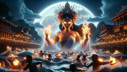 Naklejka premium Goddess Kongka in Flames with Full Moon Over Festive River Gathering in Asian Elegance