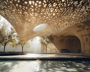 Minimalist outdoor pavilion with intricate wooden lattice canopy and serene reflection pool