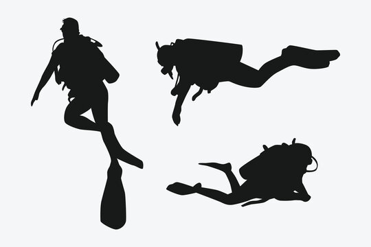 Scuba diving set silhouettes. Scuba diver, underwater sport. Isolated on white background. Vector illustration.
