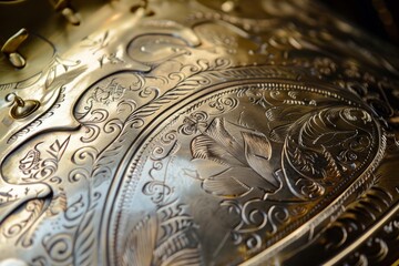 The delicate engravings and etchings on a French horn bell