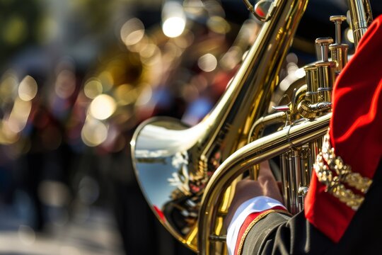 Focus on the shine of the brass finish on a marching band instrument