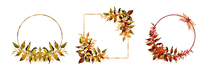 set illustration of 3 isolated autumn bright color frames with red and yellow watercolor leaves and...