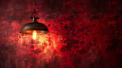 Vintage style hanging ceiling lamp on dark red tone concrete wall background
