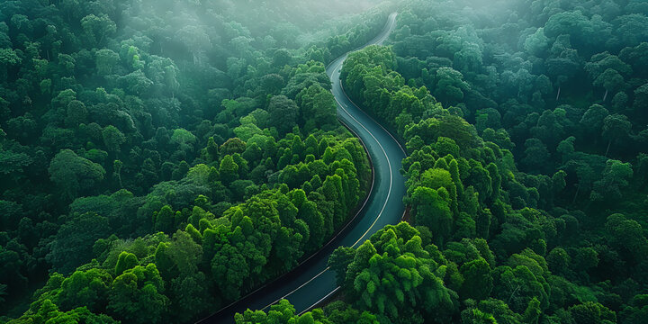 Aerial top view beautiful curve road on green forest in the rain season. generative ai 