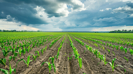 Fototapeta na wymiar Rows of corn sprouts in the field in cloudy weather