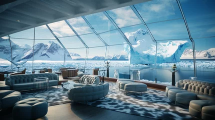  A 4K HDR cruise ship's observation lounge, offering breathtaking views of icebergs and glaciers in polar waters. © AQ Arts