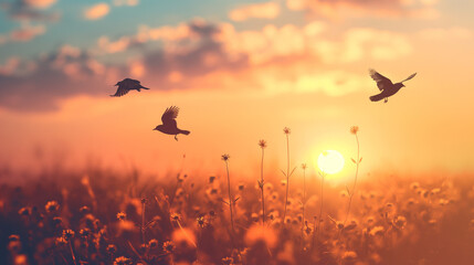 Easter Religious concept, Silhouette birds flying on meadow autumn sunrise landscape background.