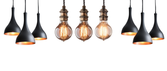 Minimalist cone-shaped pendant lamps with exposed filament bulbs on a transparent background.