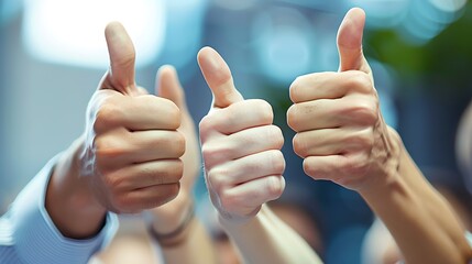 Close-up of Multiple Thumbs Up Gestures, Signifying Approval and Positivity. Blurred Background Enhancing Focus. Ideal for Business and Teamwork Concepts. AI