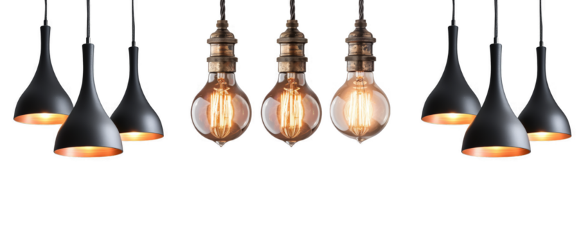 Minimalist cone-shaped pendant lamps with exposed filament bulbs on a transparent background.