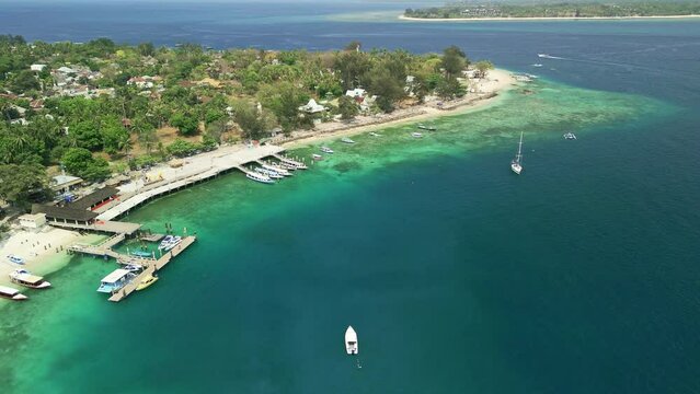 Aerial view of the busy port area of the tropical island Gili Air in Indonesia