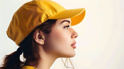 Profile of a young woman wearing a yellow cap against a light background, showcasing style and simplicity. Portrait with a contemporary casual look. AI