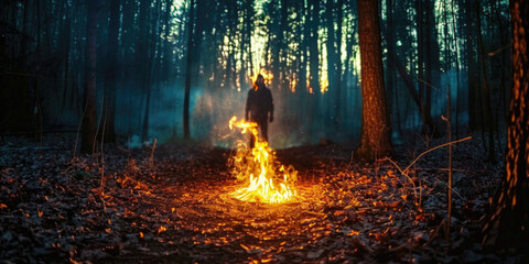 Fire flames arson damaged ecology wildfire danger. Forest burnt by fire with charred burnt trees and silhouette of man in woods. Climate change and environment natural disaster caused by people - obrazy, fototapety, plakaty