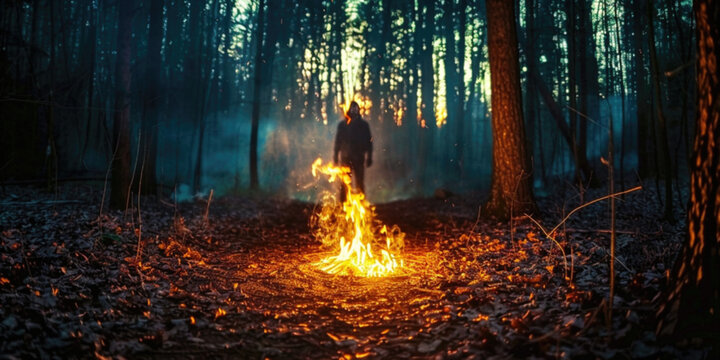 Fire flames arson damaged ecology wildfire danger. Forest burnt by fire with charred burnt trees and silhouette of man in woods. Climate change and environment natural disaster caused by people