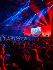 high-energy TED-style conference speakers sharing innovative ideas panel discussion