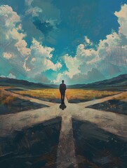 A person standing at a crossroads contemplating life's choices and directions