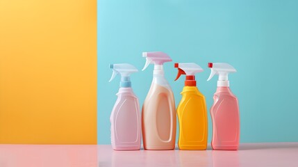 Colorful cleaning supplies on a pastel background. Home care and hygiene. Bright, clean, minimalist setup reflecting daily chores. AI - obrazy, fototapety, plakaty