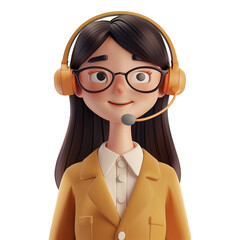 Call center Asian female operator talking. 3d character. Woman in yellow suit with a headset. Front view. Customer support line
