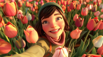 Young woman takes a selfie in the tulip field. Canadian Tulip Festival or Netherlands event. 3d