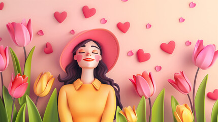 Smiling young woman in pink tulips and hearts. 3d illustration. Horizontal layout. For Canadian Tulip Festival or Netherlands event