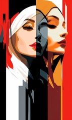 Contemporary graphic design of women's faces with bold, abstract geometric patterns and vibrant colors.
