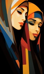 old, geometric art of women in hijab, a vibrant fusion of modern style and tradition.