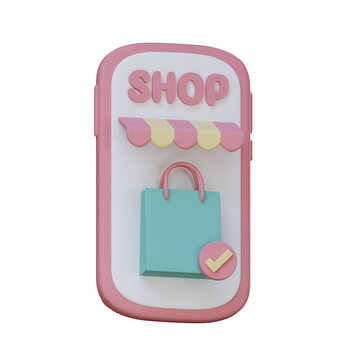 3D render of a mobile shopping app icon with pastel colors, ideal for illustrations of shopping and e-commerce concepts.