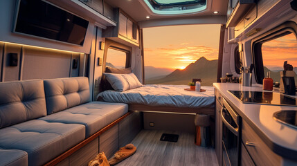 A 4K HDR family road trip in a spacious RV, with a comfortable interior, bunk beds for kids, and scenic routes along the way. - obrazy, fototapety, plakaty