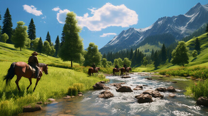 A 4K HDR family horseback riding adventure in a picturesque countryside, with kids and parents exploring scenic trails.