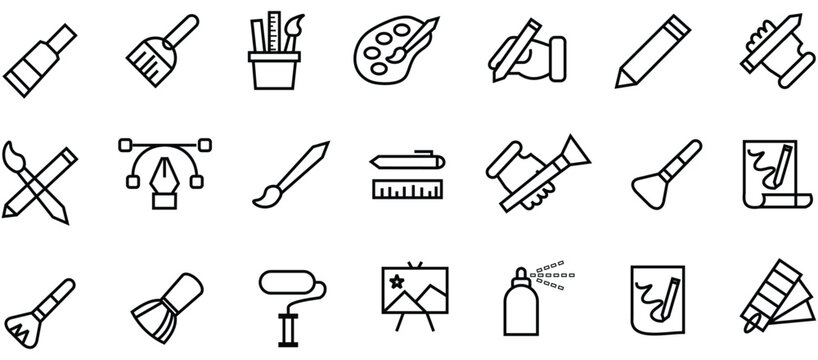 Brushes And Painting web icons in line Art style. Brush, color palette, bucket, can, collection. Vector illustration