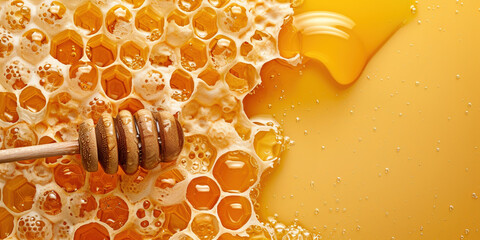 Beekeeping natural eco food products apiculture beeswax concept. Close-up poster banner macro of a honeycomb with honey. Copy paste empty place for text