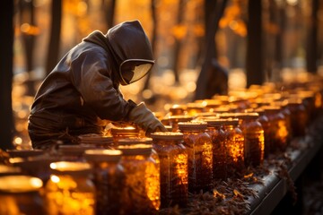 a beekeeper inspecting a hive in the soft sunlight, capturing the peaceful atmosphere and the intricate process of beekeeping - obrazy, fototapety, plakaty