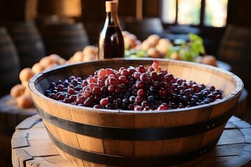 The process of making grape wine, crushing raw materials and separating stems, obtaining must, alcoholic fermentation of must or pulp, malolactic fermentation, alcoholization - obrazy, fototapety, plakaty