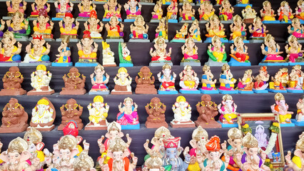 Beautiful Ganesha murtis idols during Ganeshotsav display in shop and market