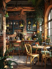 Fototapeta na wymiar Bohemian cafe with eclectic mismatched furniture and cozy atmosphere